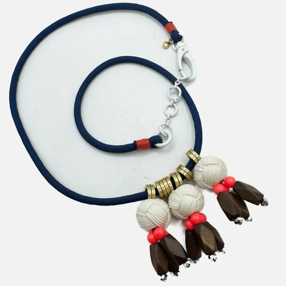 J Crew Nautical boho Rope Ball Wooden Bead Long Necklace Blue Orange Gold 30